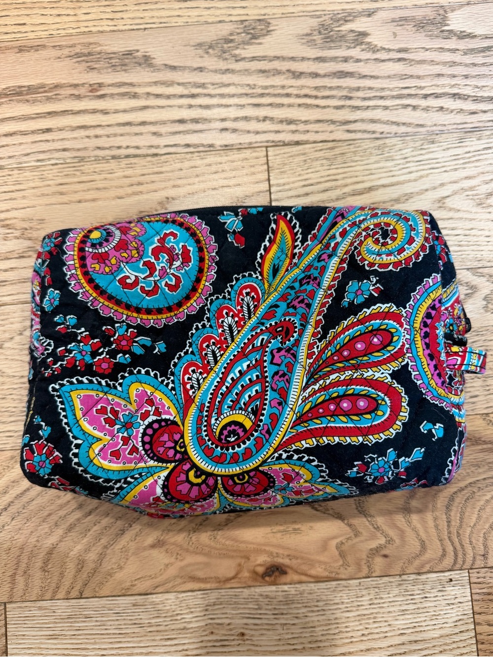 Vera Bradley Black Quilted Cosmetic Bag with Pink Turquoise Yellow Paisley